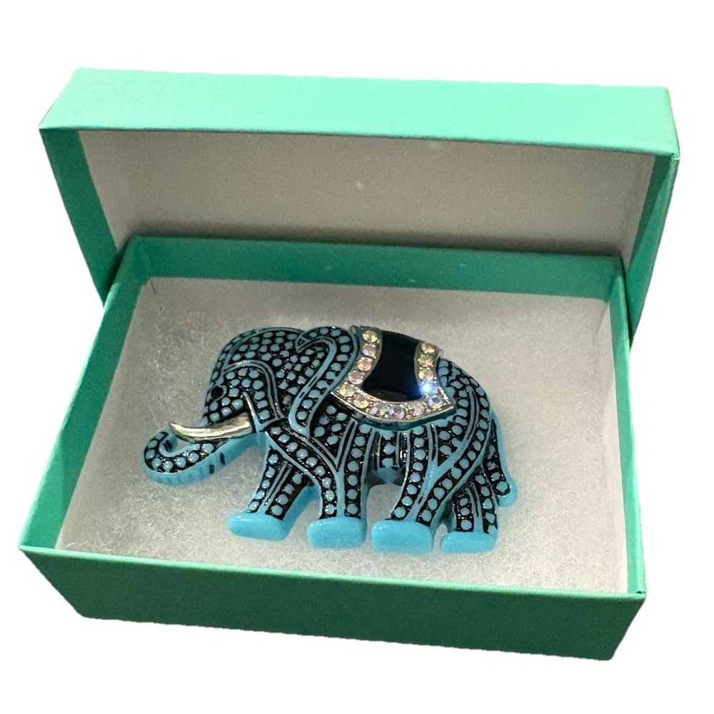 Vintage Blue Enamel Elephant Brooch Rhinestone Saddle Black Accents Statement